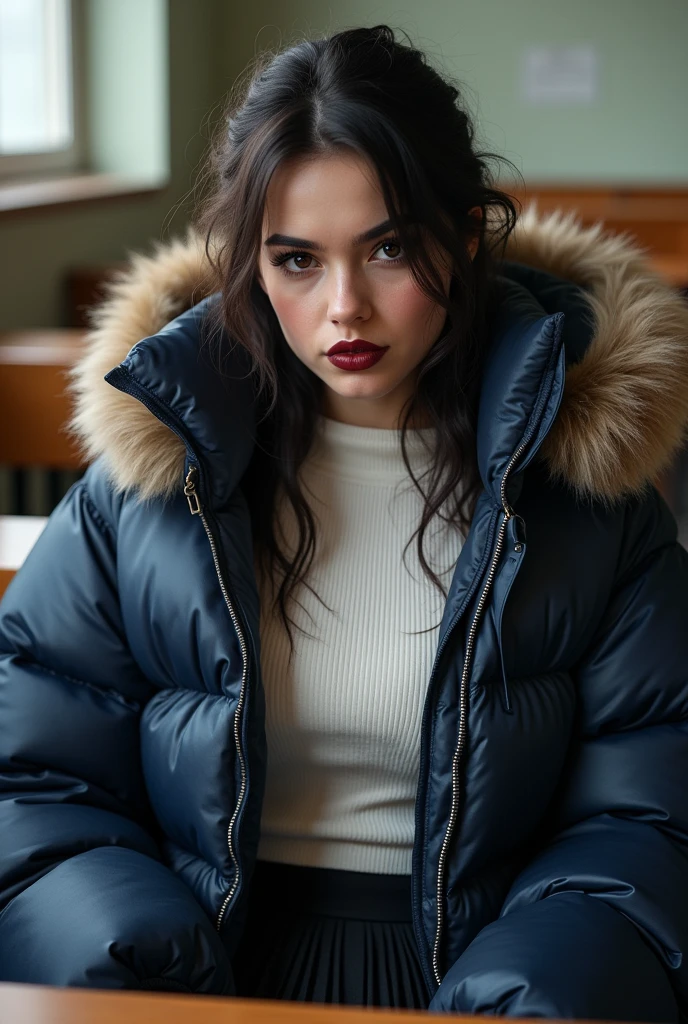 16 year old English teenage girl ,wearing a very large navy blue tight shiny puffer coat, very thick eyebrows, photorealistic, masterpiece, moncler, fluffy fur hood, , wavy hair, large breasts, open coat, school uniform,very tight white blouse, pleated skirt, heavy makeup, dark red lipstick, chavvy, chav, attitude, pouting, sitting in classroom, dark foundation, very tight clothing, extreme close up, face focus, looking at camera