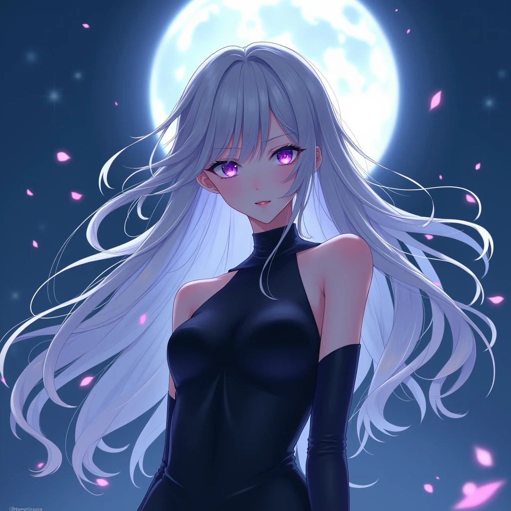 : "A captivating anime girl with long, silver hair and striking purple eyes. The character is dressed in a sleek, black sleeveless outfit, with the moon shining brightly behind her in the night sky, giving the scene a mystical glow."