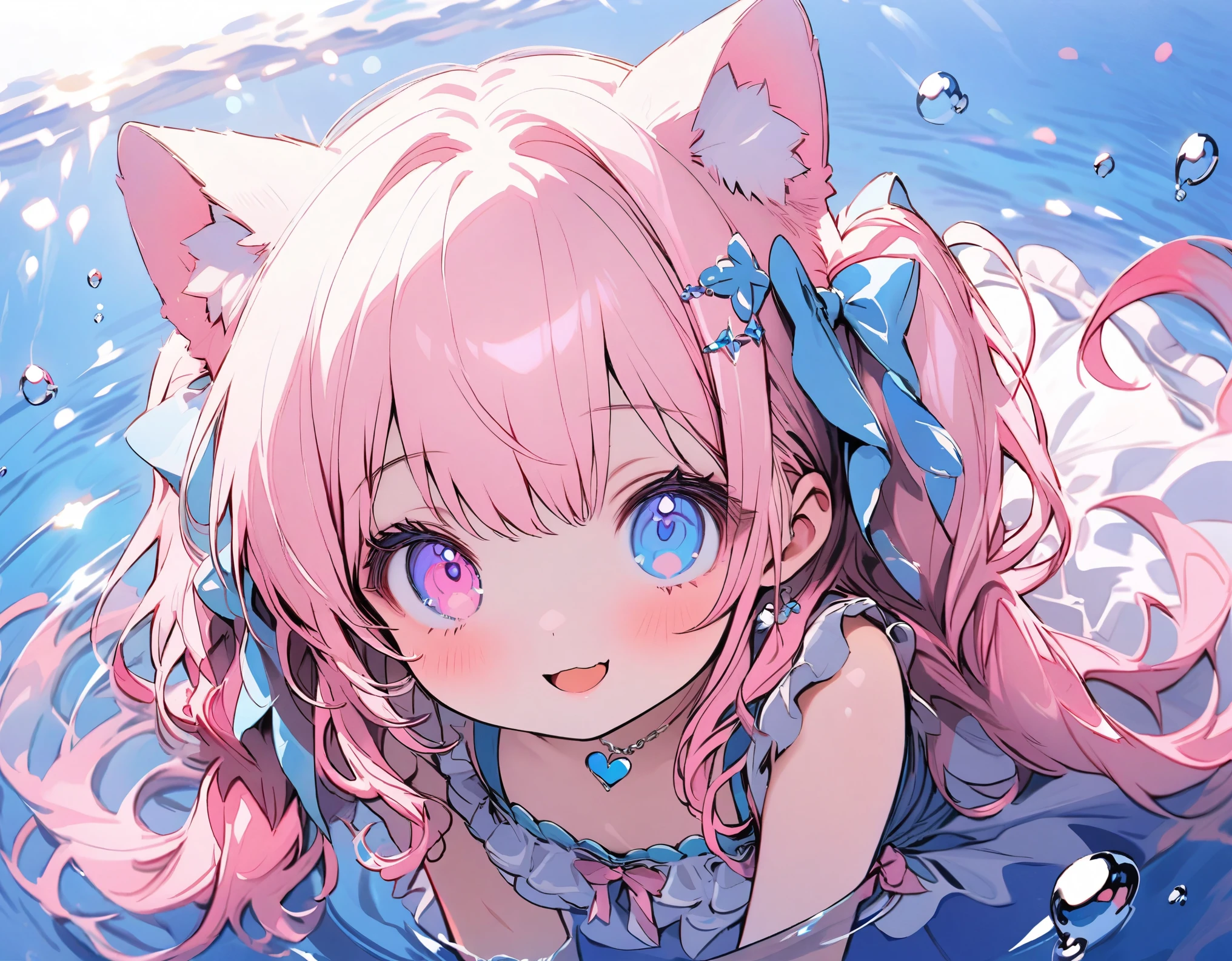 
masterpiece, best quality, hyper detailed, beautiful, 16K, absurdres, /visualize prompt: A cute girl around ten years old with pink hair styled in twin tails and wavy side-up, wearing cat ears, with heterochromatic eyes (right eye blue, left eye pink), dressed in a frilly, adorable swimsuit, swimming playfully in a bright, clear pool, the water sparkling around her, creating a joyful and refreshing atmosphere, the scene filled with lighthearted fun, the lighting soft and reflective, casting gentle ripples and glimmers on the water surface, enhancing the vibrant and cheerful mood --ar 2:3 --c 12 --s 650 --q 2