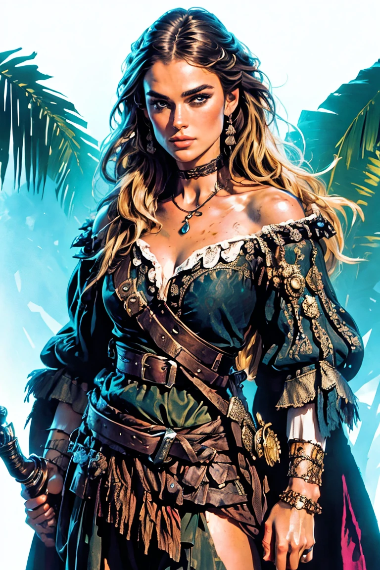 Keira Knightley as Elisabeth Swann from the movie Pirates of the Caribbean, highly detailed cinematic illustration, black outlining, full color illustration, vivid colors, white background, in the style of Boris Vallejo & Julie Bell, masterpiece, 8k, ultra-detailed, physically-based rendering, vivid colors, dramatic lighting, intricate background, photorealistic