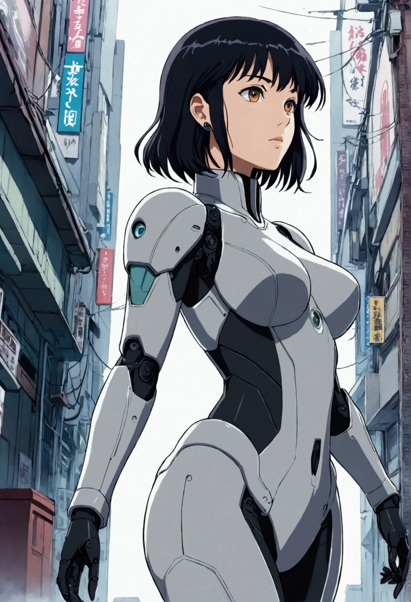 ghost in the shell in the style of 90's vintage anime, robotics, scifi, futuristic, surrealism, akira style, advance suit, detailed line art, fine details, greg rutkowski makoto shinkai kyoto animation key art feminine eye-level shot