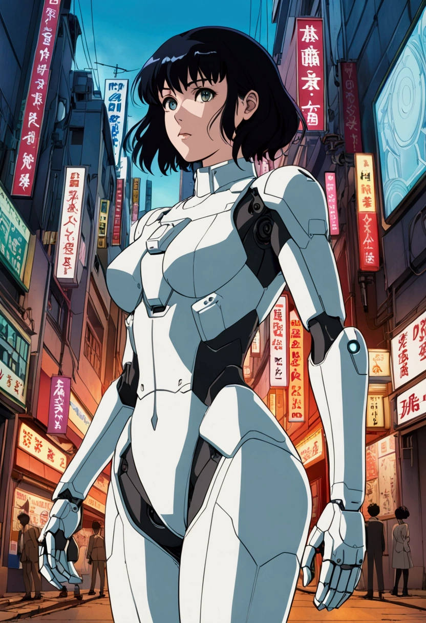 ghost in the shell in the style of 90's vintage anime, robotics, scifi, futuristic, surrealism, akira style, advance suit, detailed line art, fine details, greg rutkowski makoto shinkai kyoto animation key art feminine eye-level shot