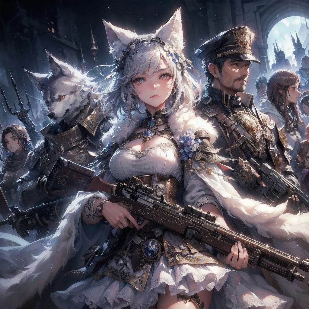  masterpiece, (textured skin), best quality, gorgeous beautiful, (a beautiful girl,wolf ears),detailed clothes,large breasts,narrow waist,, (beautiful face), cinematic lighting, (fantasy anime art ),