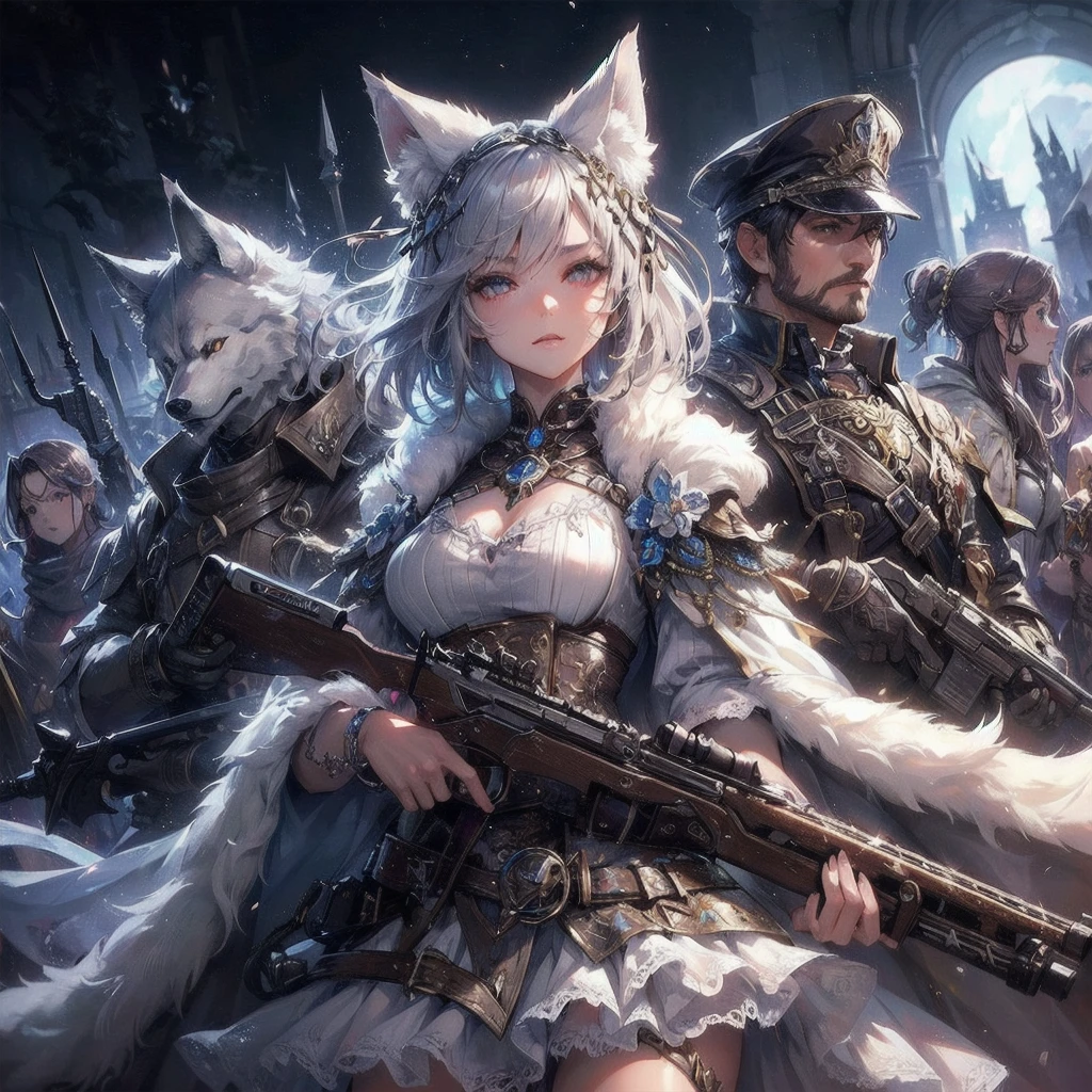masterpiece, (textured skin), best quality, gorgeous beautiful, (a beautiful girl,wolf ears),detailed clothes,large breasts,narrow waist,, (beautiful face), cinematic lighting, (fantasy anime art ),