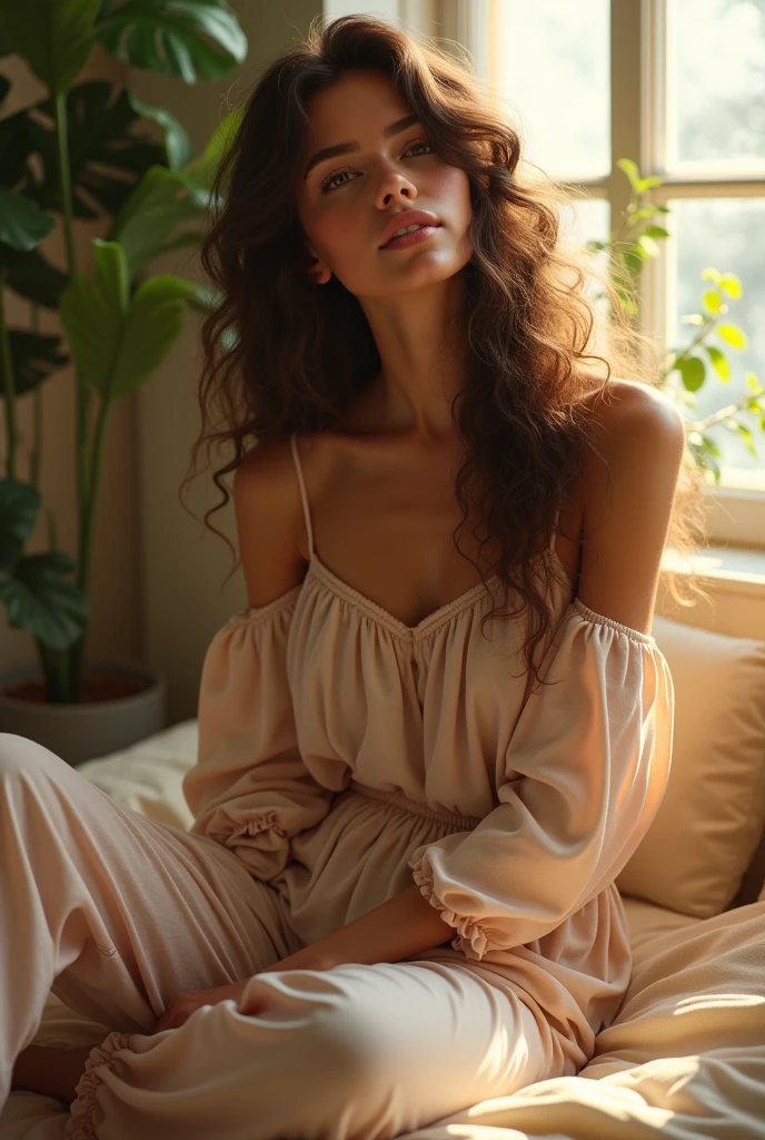 (photorealism:1.2), beautiful woman, sitting on bed, wearing loose off-shoulder top, pajama pants, long curly hair, indoors, soft lighting, plants in background, window with sunlight, cozy room, relaxed pose, realistic, intricate details, warm colors, by Greg Rutkowski, by Alphonse Mucha