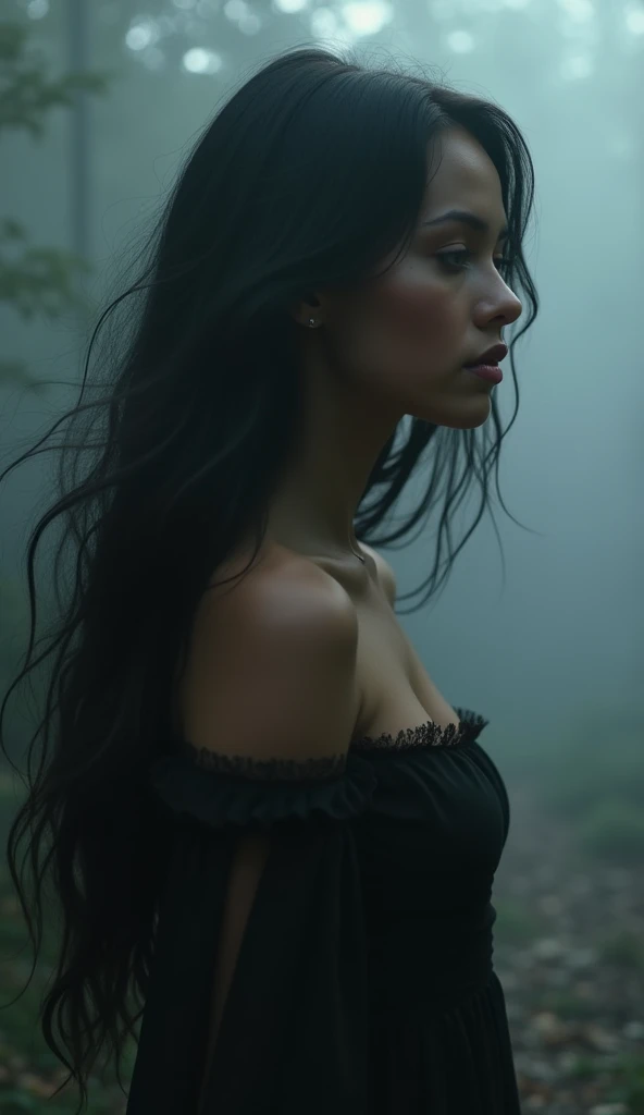 Portrait of Embrebecca with long black hair in the fog, Cinema Lighting, photoRealistic, Brilliant, Complex, Realistic, detailed, volumetric light and shadow Complex, elegant, highly detailed, Digital Painting, Art Station, Concept Art, Smooth, Sharp focus, figure, ArtJam、Greg Rutkowski、Art by Alphonse Mucha, super detailed