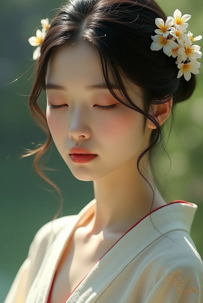 An elegantly dressed Japanese woman in natural light、A close-up of her chest and calm expression.、It shows her inner peace and outer charm.。