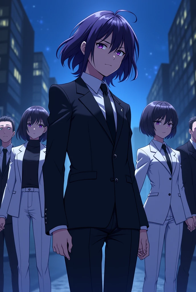 An anime character that looks nice that looks dangerous with medium long black hair and light purple eyes with a Sojiro Joshima style suit, the color of the character's black suit with dark purple Lance Crown hair style and that has a Dazai style eye design with a dusk landscape background with the shine of the blue stars with buildings that look good like a demon and also that has black shoes, serious and psychopathic personality, an Okita version that looks white that looks alone fighting with a girl in a Tertin style suit from Scissor Seven white with a Brunilda style tuft from Record Of Ragnarok holding hands with the rest of the Assassins, very cute and older surrounded by bad characters who want to finish him off with a psychopathic appearance, attacked and beaten to the protagonist.