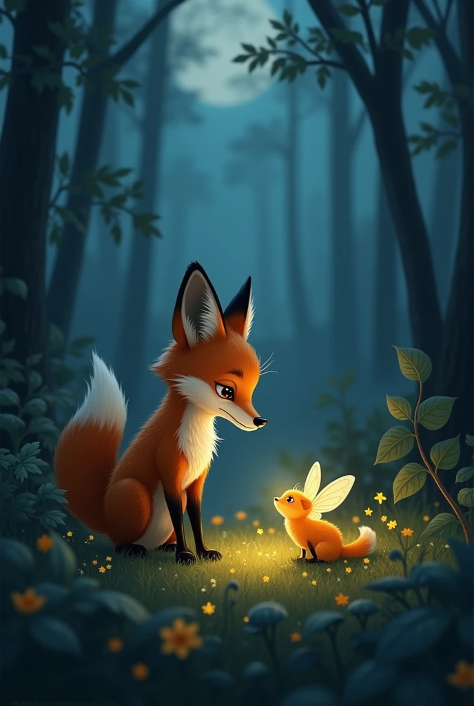 One day, the fox met a small firefly. The firefly was slow, but she could light up the night with her glow.