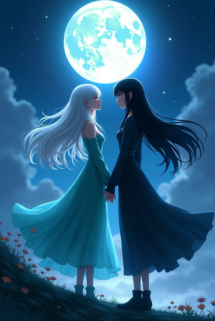 White-haired beauty、Looking at the night sky、Are standing、Flying towards the moon、Blue green color clothes、Anime Style、2 people、Over 170cm、One has gray hair、One has black hair、A relationship like conflict