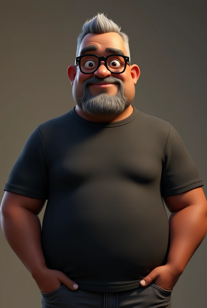 Cartoon character of a middle-aged black man with very short hair, wearing black glasses. Stylized character, animation-style rendering, 3D stylized rendering, Arnold Maya render, 3D stylized render, toon Keyshot render, 3D character, 3D stylized rendering, cartoon character, character close-up, character pose, Pixar style, high quality, cinematic lighting, sharp focus, detailed texture, detailed skin, clay, bokeh, 8K. The man should have the following characteristics: A middle-aged man with a broad build and overweight, casually relaxed hands. His skin tone is dark brown with a warm undertone. He has only two prominent vertical wrinkles between his eyebrows. His beard is very short, trimmed, and sparse, with more white hairs on the chin and the rest being dark gray. His hair is gray, extremely short on top, styled to the right side, and shaved on the sides. He wears modern black glasses. His eyebrows are thick and well-defined, and his eyes are very dark brown, conveying warmth and friendliness. The man is dressed in an oversized black t-shirt and dark gray pants without a belt. Incorporate the following ancestry characteristics: 43% European (17% Iberian and 17% Western European, including Germany, France, and the Netherlands), 4% Sephardic Jewish, 3% Fennoscandian, less than 2% Balkan and Lapland and Volga-Ural, 41% from the Americas, 9% from the Middle East and Maghreb, and 7% from Africa.