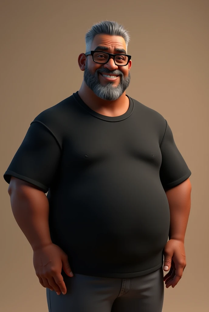 Cartoon character of a middle-aged black man with very short hair, wearing black glasses. Stylized character, animation-style rendering, 3D stylized rendering, Arnold Maya render, 3D stylized render, toon Keyshot render, 3D character, 3D stylized rendering, cartoon character, character close-up, character pose, Pixar style, high quality, cinematic lighting, sharp focus, detailed texture, detailed skin, clay, bokeh, 8K. The man should have the following characteristics: A middle-aged man with a broad build and overweight, casually relaxed hands. His skin tone is dark brown with a warm undertone. He has only two prominent vertical wrinkles between his eyebrows. His beard is very short, trimmed, and sparse, with more white hairs on the chin and the rest being dark gray. His hair is gray, extremely short on top, styled to the right side, and shaved on the sides. He wears modern black glasses. His eyebrows are thick and well-defined, and his eyes are very dark brown, conveying warmth and friendliness. The man is dressed in an oversized black t-shirt and dark gray pants without a belt. Incorporate the following ancestry characteristics: 43% European (17% Iberian and 17% Western European, including Germany, France, and the Netherlands), 4% Sephardic Jewish, 3% Fennoscandian, less than 2% Balkan and Lapland and Volga-Ural, 41% from the Americas, 9% from the Middle East and Maghreb, and 7% from Africa.