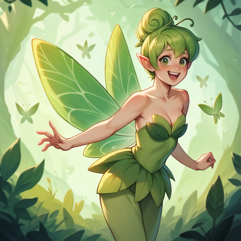 A masterpiece, top quality, highly detailed, extremely detailed, ultra-realistic, humorous, delicate anime style illustration. Fairyland, cinematic lighting, a donut shop run by fairies, Tinkerbell the fairy eating a delicious donut, she is a character from "Peter Pan".