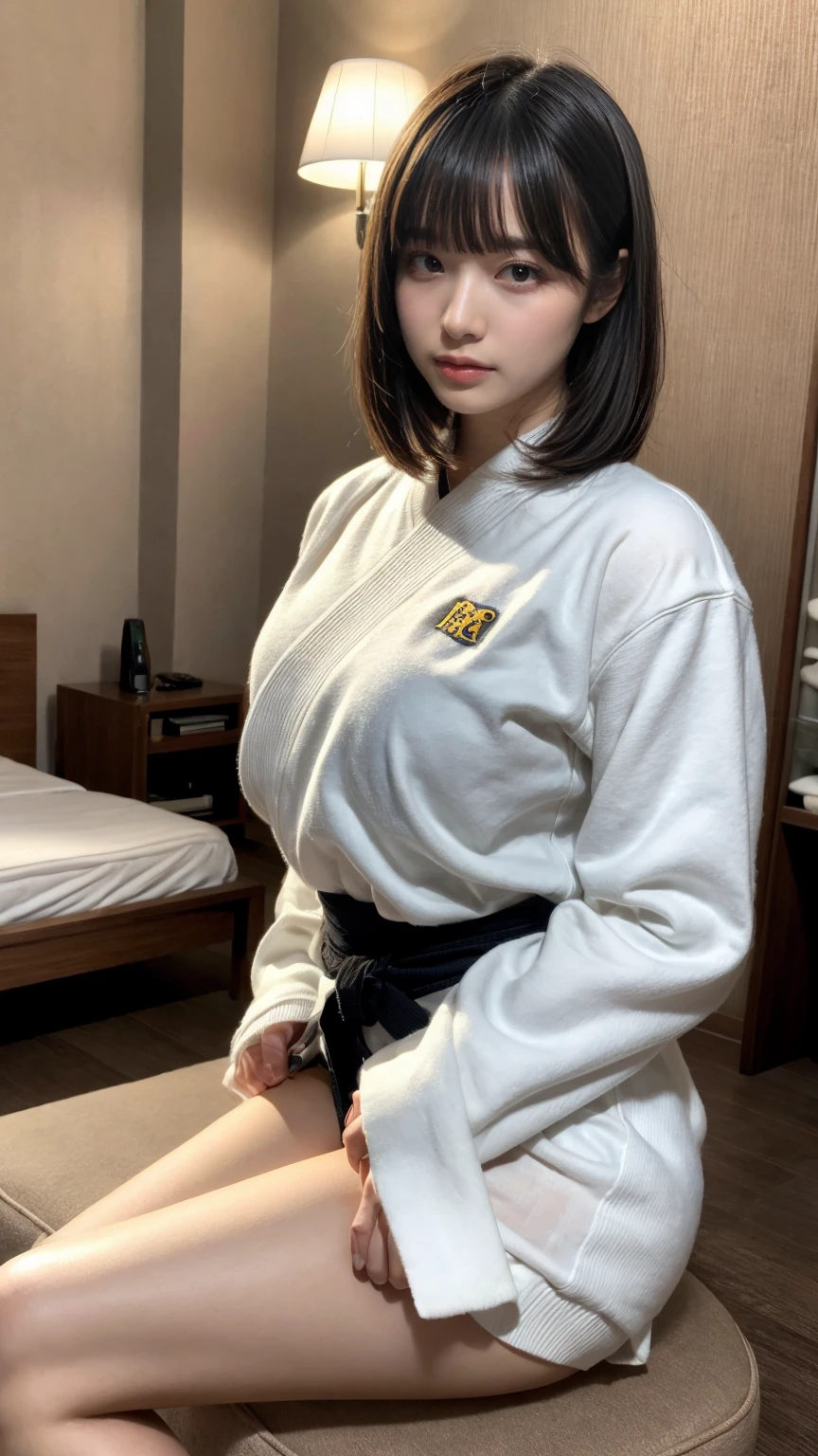 masterpiece, best quality, illustration, Super detailed, fine details, High resolution, 8K,wall paper, perfect dynamic composition,(Details High quality, realistic depiction of eyes:1.3), oversized judo uniform white, sitting, open legs, short bob hair, in a hotel room in the background, large breasts, black hair color, Big Natural Color Lip, (perfect body shape), crying a little、Harajuku style、20 year old girl、cute type、beautiful legs, Gravure Idol