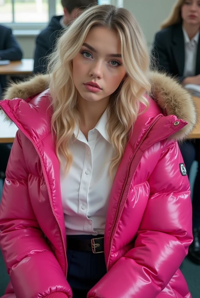 cute 16 year old English teenage girl ,wearing a very large hot pink tight shiny puffer coat, very thick eyebrows, photorealistic, masterpiece, moncler, fluffy fur hood, , wavy hair, large breasts, open coat, school uniform, very tight white blouse, pleated skirt, heavy makeup, lipstick, dyed blonde hair, chavvy, chav, attitude, pouting, sitting in classroom, dark foundation, very tight clothing, close up, breasts and face view