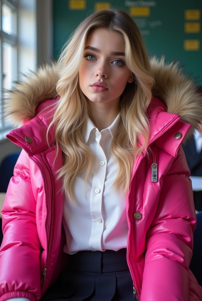 cute 16 year old English teenage girl ,wearing a very large hot pink tight shiny puffer coat, very thick eyebrows, photorealistic, masterpiece, moncler, fluffy fur hood, , wavy hair, large breasts, open coat, school uniform, very tight white blouse, pleated skirt, heavy makeup, lipstick, dyed blonde hair, chavvy, chav, attitude, pouting, sitting in classroom, dark foundation, very tight clothing, close up, breasts and face view