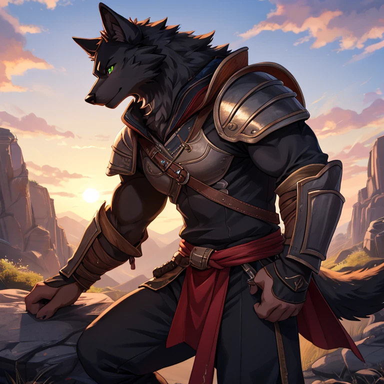 Masterpiece, best quality, high quality, 4K, Anime art, 1Male Black wolf, Solo, has Black fur, has a sword, handsome, Warrior, wears an armor, has Green eyes, detailed anime character art, muscular build, slim body, crisp clear rpg portrait, in the Mountain cliff, sunny day