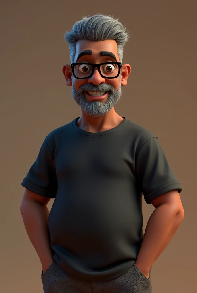 Cartoon character of a middle-aged black man with very short hair, wearing black glasses. Stylized character, animation-style rendering, 3D stylized rendering, Arnold Maya render, 3D stylized render, toon Keyshot render, 3D character, 3D stylized rendering, cartoon character, character close-up, character pose, Pixar style, high quality, cinematic lighting, sharp focus, detailed texture, detailed skin, clay, bokeh, 8K. The man should have the following characteristics: A middle-aged man with a broad build and overweight, casually relaxed hands. His skin tone is dark brown with a warm undertone. He has only two prominent vertical wrinkles between his eyebrows. His beard is very short, trimmed, and sparse, with more white hairs on the chin and the rest being dark gray. His hair is gray, extremely short on top, styled to the right side, and shaved on the sides. He wears modern black glasses. His eyebrows are thick and well-defined, and his eyes are very dark brown, conveying warmth and friendliness. The man is dressed in an oversized black t-shirt and dark gray pants without a belt. Incorporate the following ancestry characteristics: 43% European (17% Iberian and 17% Western European, including Germany, France, and the Netherlands), 4% Sephardic Jewish, 3% Fennoscandian, less than 2% Balkan and Lapland and Volga-Ural, 41% from the Americas, 9% from the Middle East and Maghreb, and 7% from Africa.