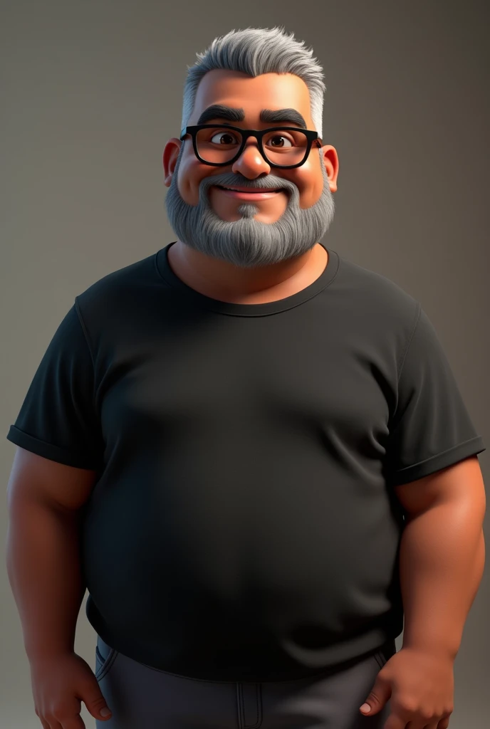 Cartoon character of a middle-aged black man with very short hair, wearing black glasses. Stylized character, animation-style rendering, 3D stylized rendering, Arnold Maya render, 3D stylized render, toon Keyshot render, 3D character, 3D stylized rendering, cartoon character, character close-up, character pose, Pixar style, high quality, cinematic lighting, sharp focus, detailed texture, detailed skin, clay, bokeh, 8K. The man should have the following characteristics: A middle-aged man with a broad build and overweight, casually relaxed hands. His skin tone is dark brown with a warm undertone. He has only two prominent vertical wrinkles between his eyebrows. His beard is very short, trimmed, and sparse, with more white hairs on the chin and the rest being dark gray. His hair is gray, extremely short on top, styled to the right side, and shaved on the sides. He wears modern black glasses. His eyebrows are thick and well-defined, and his eyes are very dark brown, conveying warmth and friendliness. The man is dressed in an oversized black t-shirt and dark gray pants without a belt. Incorporate the following ancestry characteristics: 43% European (17% Iberian and 17% Western European, including Germany, France, and the Netherlands), 4% Sephardic Jewish, 3% Fennoscandian, less than 2% Balkan and Lapland and Volga-Ural, 41% from the Americas, 9% from the Middle East and Maghreb, and 7% from Africa.
