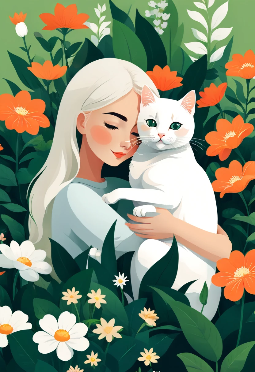 Cute girl hugging white cute cat on background of flowers and green plants (close up) Flat style vector art, Flat vector art uses simplicity in vector art、Pure expression,Highlight simplicity and clarity of form,Bring simplicity and modernity to your work