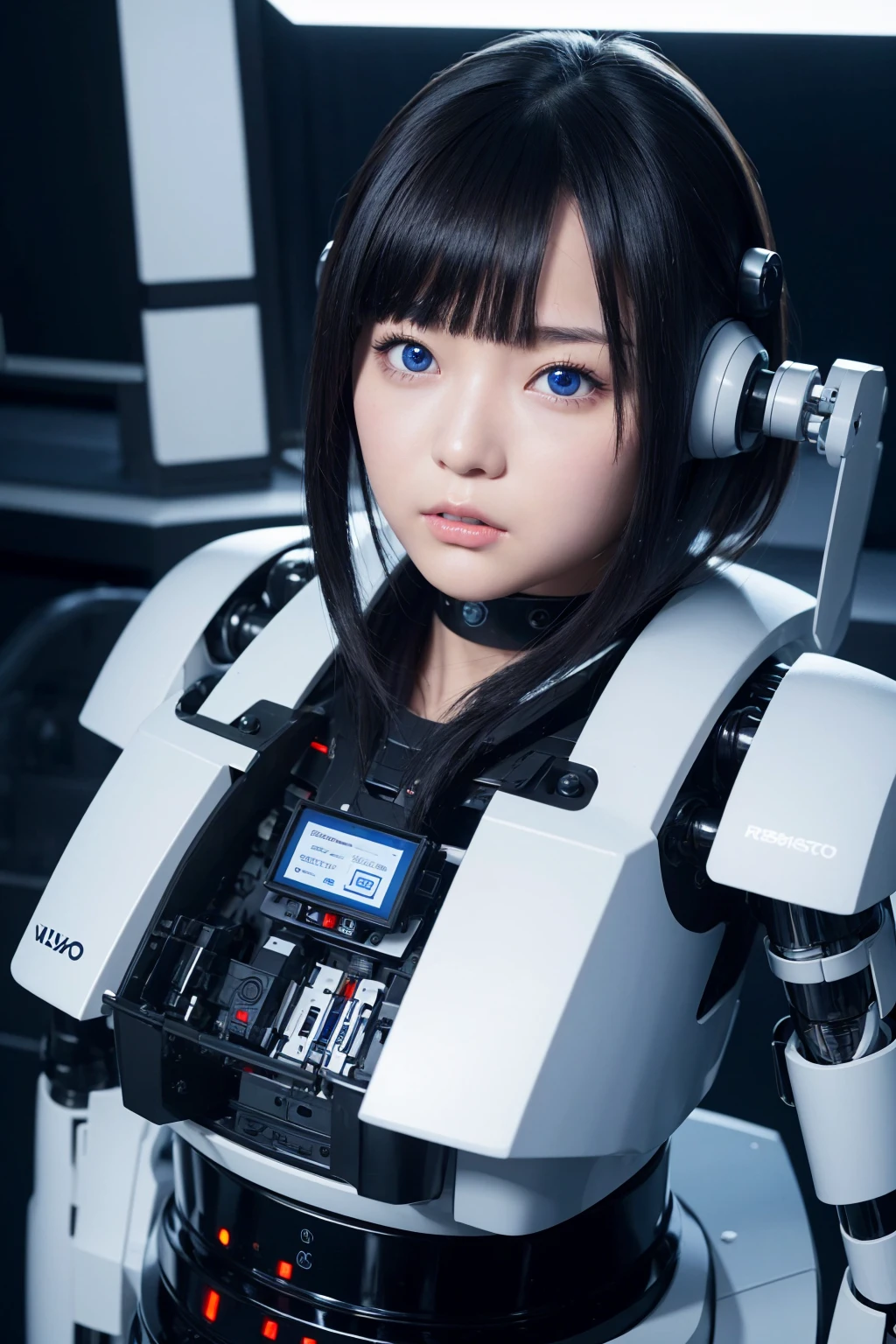 masterpiece, best quality, extremely detailed, Japaese android girl,portrait,Plump,a bit chubby,control panels,android,Droid,Mechanical Hand, Robot arms and legs, Black hair,Blunt bangs,perfect robot girl,long tube,thick cable connected her neck,android,robot,humanoid,cyborg,japanese cyborg girl ,robot-assembly plant,She is assembling now,assembly scene,blue eyes,chest monitor