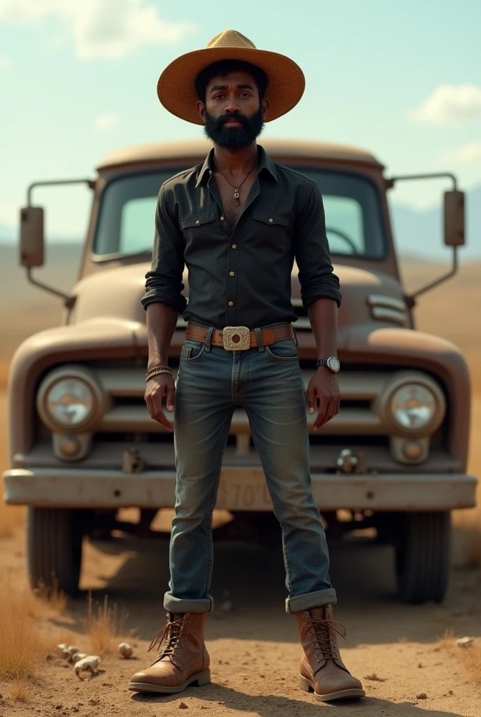 Um agro boy, dark-skinned, Cao Cao, eyes black, scruffy beard, wearing a straw hat and a black dress shirt, jeans and boots in front of a pickup truck
