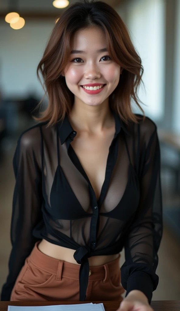 (smile)、I can see your pussy、(nipple look)、(translucent shirt:1.3)、(In 8K、highest quality、masterpiece:1.2)、(genuine、photogenuineistic:1.37)、Super detailed、1 girl、cute、Report、dark and beautiful sky、office、 (perfect beautiful beautiful face:1.15)、smile、Delicate beautiful eyes、(No underwear:1.1)、(sheer shirt:1.2)、(short hair:1.5)、Floating hair NovaFrogStyle、Thin body、25 year old woman、brown hair、、brown eyes、((G cup))、fashionable girl、beautiful eyes、genuine face、genuine skin、Genuine Face、Genuine skin、fine eyes、、(black sheer shirt:1.2), dynamic pose、viewer、Look carefully at the face and chest、announcer,　the tip of the chest sticks out。Areola is protruding。The shape of the genitals is clearly visible。lots of eyelashes。black eyeshadow。bright red lips。black sexy high heels。pubic hair。The lower abdomen is bristly。thin。thighs are open。pubic hairたくさん、pubic hair、 and delicate figure、(At the office)、protruding pussy＿nipple