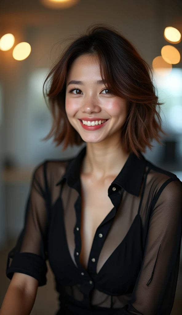 (smile)、I can see your pussy、(nipple look)、(translucent shirt:1.3)、(In 8K、highest quality、masterpiece:1.2)、(genuine、photogenuineistic:1.37)、Super detailed、1 girl、cute、Report、dark and beautiful sky、office、 (perfect beautiful beautiful face:1.15)、smile、Delicate beautiful eyes、(No underwear:1.1)、(sheer shirt:1.2)、(short hair:1.5)、Floating hair NovaFrogStyle、Thin body、25 year old woman、brown hair、、brown eyes、((G cup))、fashionable girl、beautiful eyes、genuine face、genuine skin、Genuine Face、Genuine skin、fine eyes、、(black sheer shirt:1.2), dynamic pose、viewer、Look carefully at the face and chest、announcer,　the tip of the chest sticks out。Areola is protruding。The shape of the genitals is clearly visible。lots of eyelashes。black eyeshadow。bright red lips。black sexy high heels。pubic hair。The lower abdomen is bristly。thin。thighs are open。pubic hairたくさん、pubic hair、 and delicate figure、(At the office)、protruding pussy＿nipple