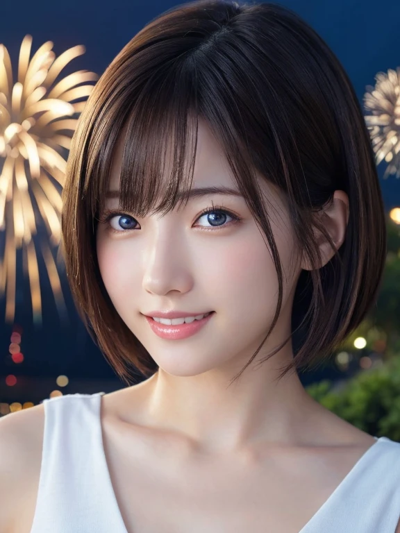 masterpiece、Highest quality、High resolution、Japanese women、(RAW Photos, Highest quality), (reality, Realistic:1.4) Tabletop、wallpaper、reality的、Bright lighting、Professional Lighting、Face Light、Smooth lighting、Adult、sexy、Sunburned skin、very detailed eyes and face, Beautiful and detailed nose, beautiful eyes, Perfect Anatomy、short hair、Brunette Hair、Iris、A cool smile、 Looking up at fireworks