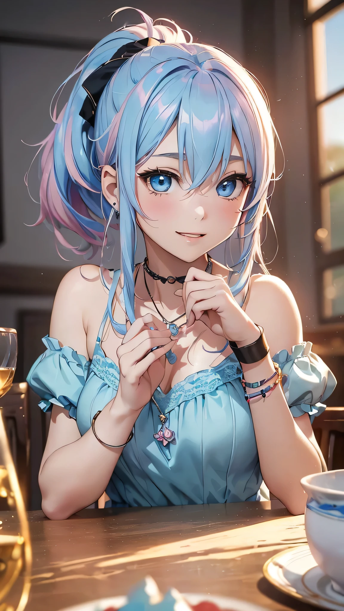 最high quality、Best image quality、masterpiece、With a girl((cute、18-year-old、Best Bust、Medium Bust、Beautiful Blue Eyes、Spread your chest wide,Pastel Hair、ponytail、Disheveled Hair、thin、Highest Valley、Pastel Dress、smile、necklace、Wristband、))high quality、Beautiful art、background((Pastel Room、Live Performance Venues)),Tabletop、Exquisite design、Visual Arts、Written boundary depth、Best lighting、Highest detail、8k