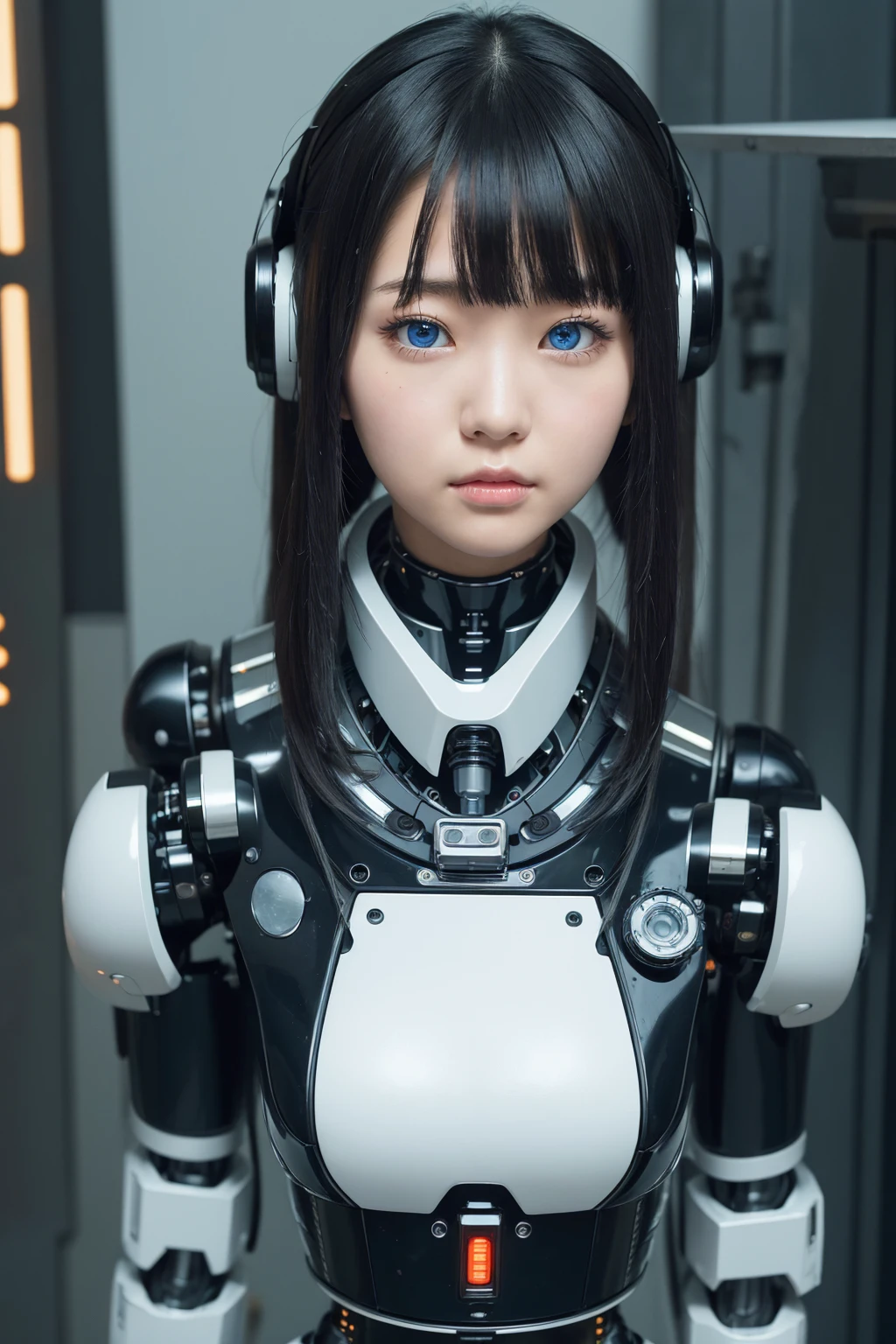 masterpiece, best quality, extremely detailed, Japaese android girl,portrait,Plump,a bit chubby,control panels,android,Droid,Mechanical Hand, Robot arms and legs, Black hair,Blunt bangs,perfect robot girl,long tube,thick cable connected her neck,android,robot,humanoid,cyborg,japanese cyborg girl ,robot-assembly plant,She is assembling now,assembly scene,blue eyes,chest monitor