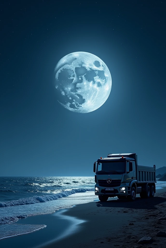 Make a realistic Moon in night with shining blue Ocean and a Benz truck in its side HD ultra high graphics
