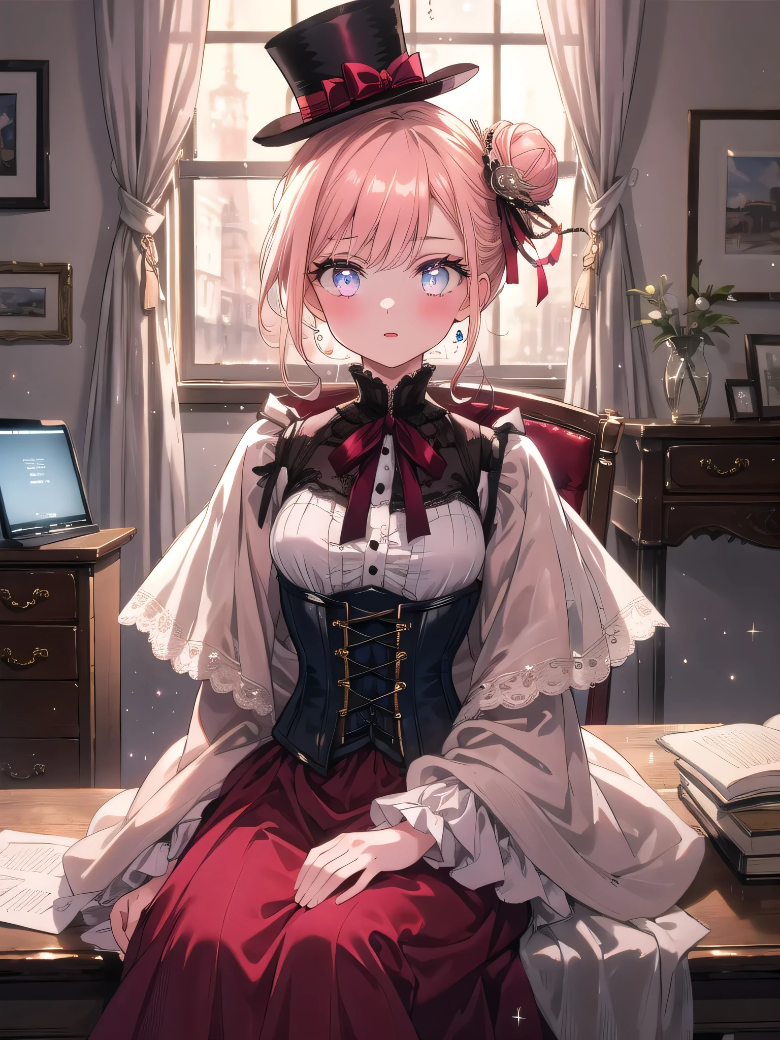 ((8k, Highest quality, masterpiece: 1.3)),Ultra-high resolution,(1 girl, alone), (Color changing eyes, Ultra-detailed, Expressive brilliance, Glitter, Glowing Eyes), Highly detailed eyes, Highly detailed face, Random Hair, ((pastel colour)),A focused young woman with pastel peach-colored hair tied into a low bun, sitting at her desk in a dimly lit room during the early hours of the morning. She is meticulously sewing a piece of fabric as she works on her latest cosplay project. She is dressed in a Victorian-era noblewoman cosplay, wearing a burgundy dress with intricate lace details, a corset, and a small top hat perched on her head. The camera captures her from a close-up angle as she carefully stitches, her expression concentrated and serene. The room has an antique, vintage feel, with dark wood furniture, a sewing machine on the desk, and a few sketches of her costume designs pinned to a corkboard.

