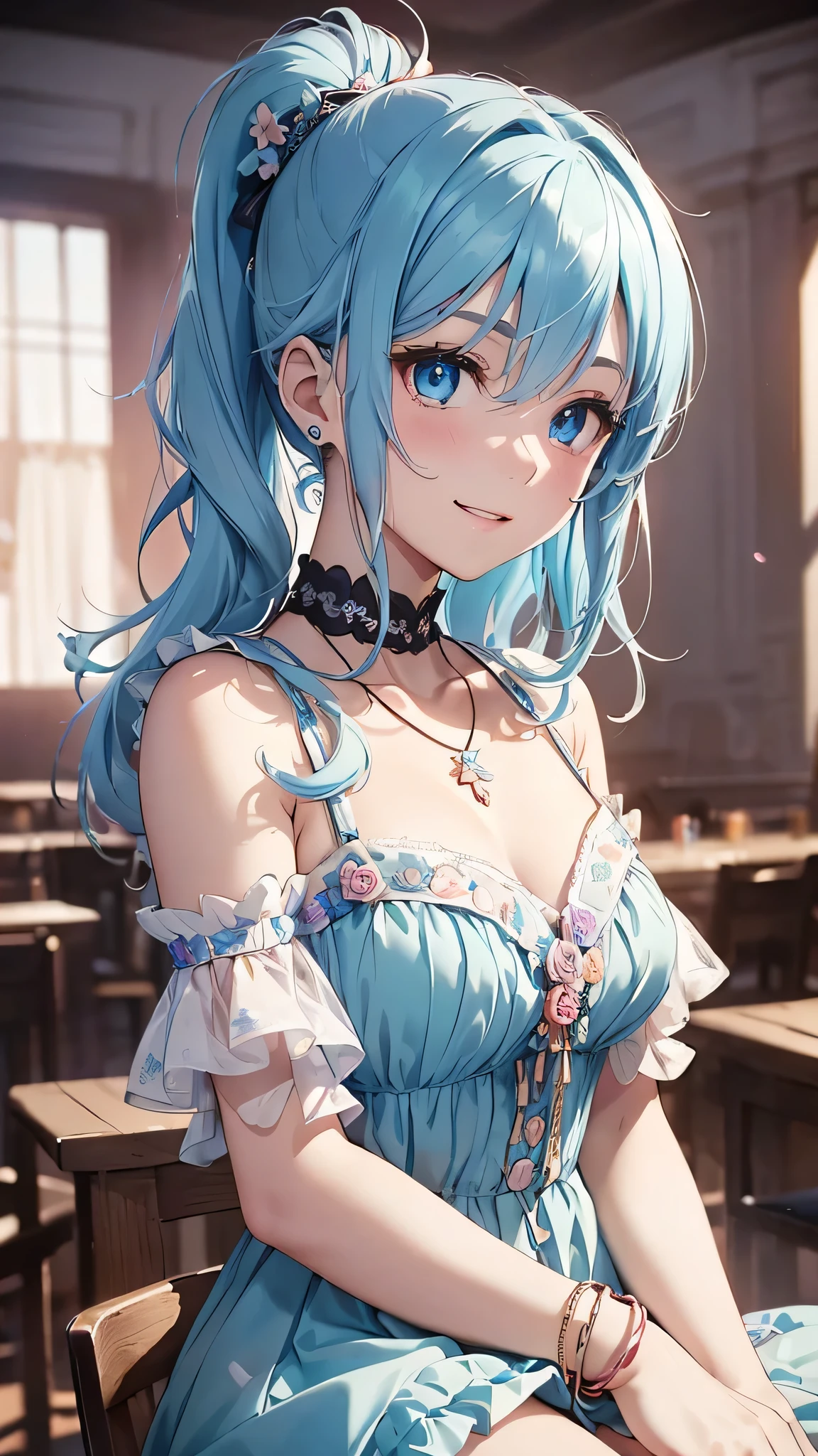 最high quality、Best image quality、masterpiece、With a girl((cute、18-year-old、Best Bust、Medium Bust、Beautiful Blue Eyes、Spread your chest wide,Pastel Hair、ponytail、Disheveled Hair、thin、Highest Valley、Pastel Dress、smile、necklace、Wristband、))high quality、Beautiful art、background((Pastel Room、Live Performance Venues)),Tabletop、Exquisite design、Visual Arts、Written boundary depth、Best lighting、Highest detail、8k