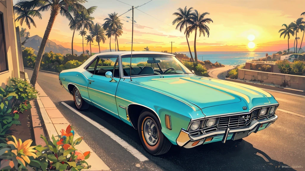 masterpiece, Highest quality, 1970s, Man sitting in the driver's seat of a classic Impala open car, The car engine roars as he drives along a winding road, Background is California scenery, Palm trees swaying gently in the breeze, Hand-drawn illustration, Retro concept, Warm colors, Sun setting on the horizon.