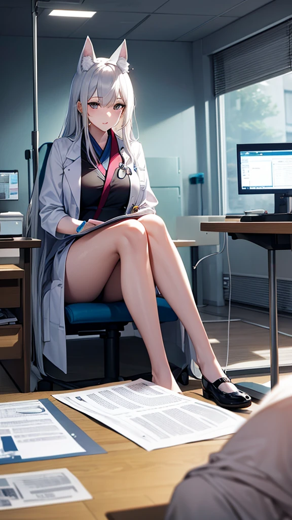 High-tech medical room,Beautiful and charming,A Japanese fox girl,long hair shawl,Doctor's attire,Wearing an earpiece,Sitting at the table,Reviewing the resume