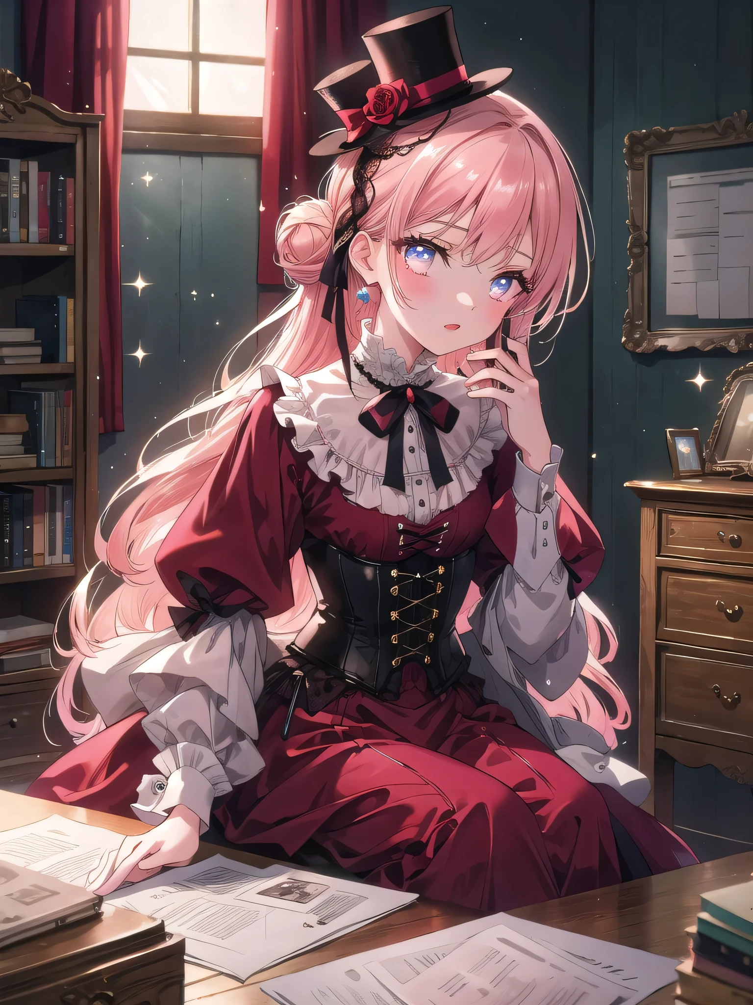 ((8k, Highest quality, masterpiece: 1.3)),Ultra-high resolution,(1 girl, alone), (Color changing eyes, Ultra-detailed, Expressive brilliance, Glitter, Glowing Eyes), Highly detailed eyes, Highly detailed face, Random Hair, ((pastel colour)),A focused young woman with pastel peach-colored hair tied into a low bun, sitting at her desk in a dimly lit room during the early hours of the morning. She is meticulously sewing a piece of fabric as she works on her latest cosplay project. She is dressed in a Victorian-era noblewoman cosplay, wearing a burgundy dress with intricate lace details, a corset, and a small top hat perched on her head. The camera captures her from a close-up angle as she carefully stitches, her expression concentrated and serene. The room has an antique, vintage feel, with dark wood furniture, a sewing machine on the desk, and a few sketches of her costume designs pinned to a corkboard.

