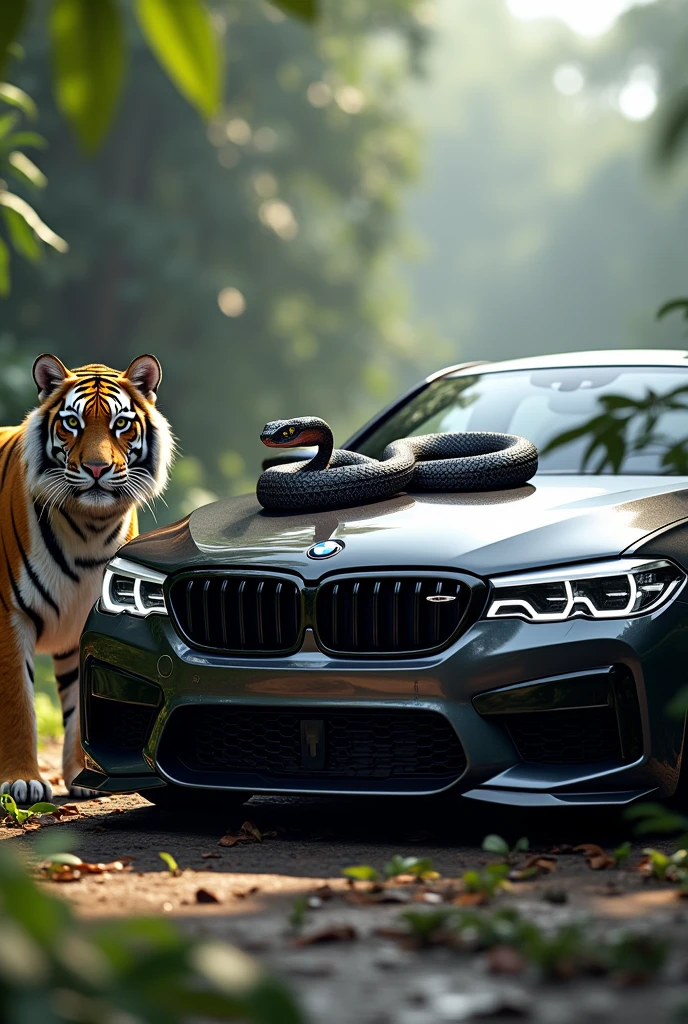Realistic bmw car and Benz car , black tiger next to car , white tiger next to car , black cobra snake on car hood