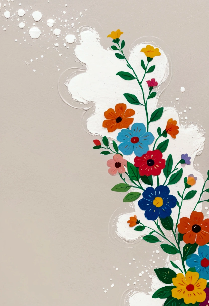 White plaster wall background。Fluid smudge painting,Dot,Colorful flowers,Minimalism,Inspired by the coronavirus。Negative Space Corner Composition