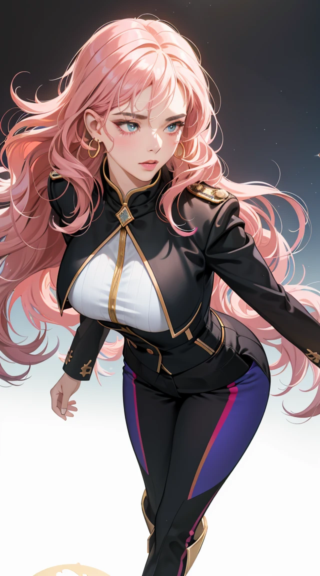 (best quality:1.5, highres, UHD, 4K, detailed lighting, shaders), pink wavy hair, gradient hair, large breasts, suit, social lomg pants, mature woman , (pov), white background, colorful eyeshadow, dramatic lighting, sparkling eyes, sensual expression, golden earrings, flowing hair, delicate facial features, soft skin, high cheekbones, urban setting, white background, dont look for the camera, lean forward, Render 4 poses,