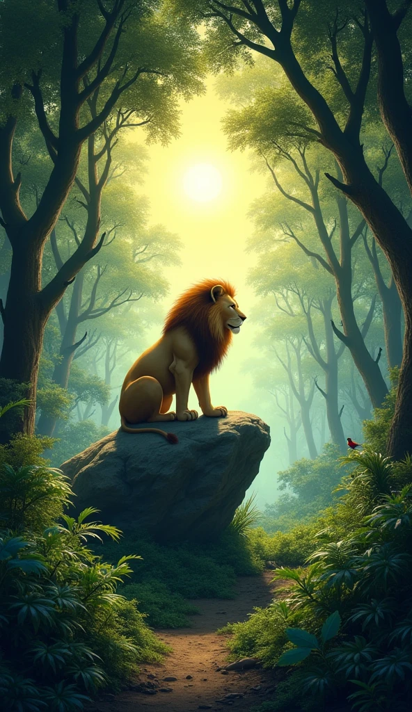 A dense forest is shown. The sun's rays are filtering through the trees. Birds are chirping and wild animals are busy in their work. There is a big stone in the middle of the jungle, on which the king of the jungle, the lion, is sitting comfortably.