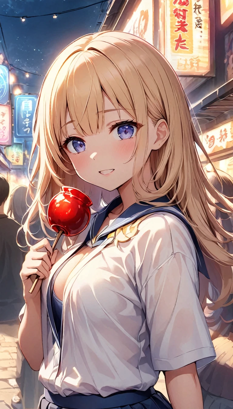 Angle from behind、茶colorの髪がツインテールに編み込まれている、Candy Apple、Elementary school girl、Summer festival、color々Location、Restless、顔を赤らめてCandy Appleにキス、Shyly letting her bangs hang down、A small chest swaying、shake、shake、Open chest yukata、Browsing Caution、