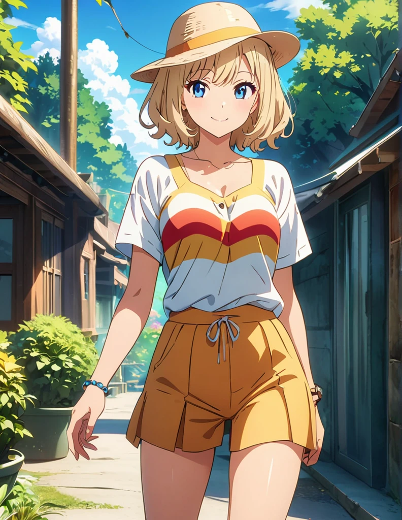 (anime artwork, anime style, studio anime, very detailed, up to date, vibrant, Anime Coloring, high contrast, masterpiece:1.2, best quality, best aesthetics),1 girl, Medium chest, A glimpse of thighs,zoological garden,happy, smile, summer clothes, hat,