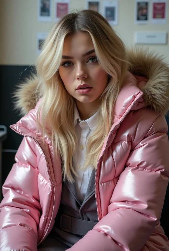 cute 16 year old English age girl ,wearing a very large metallic pink tight shiny puffer coat, very thick eyebrows, photorealistic, masterpiece, moncler, fluffy fur hood, , wavy hair, large breasts, open coat, school uniform, very tight white blouse, pleated skirt, heavy makeup, lipstick, dyed blonde hair, chavvy, chav, attitude, pouting, sitting in classroom, dark foundation, very tight clothing, close up,