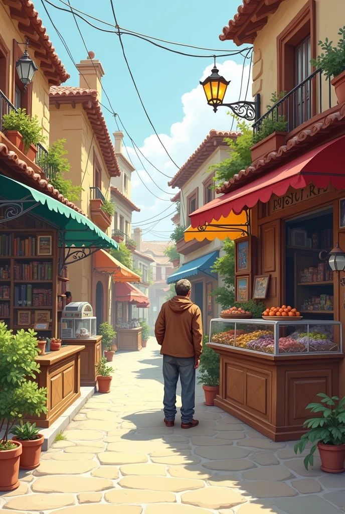Generate a sketch of small book in in the middle of town and a sad shopekeeper .shope keeper should be male and indian
