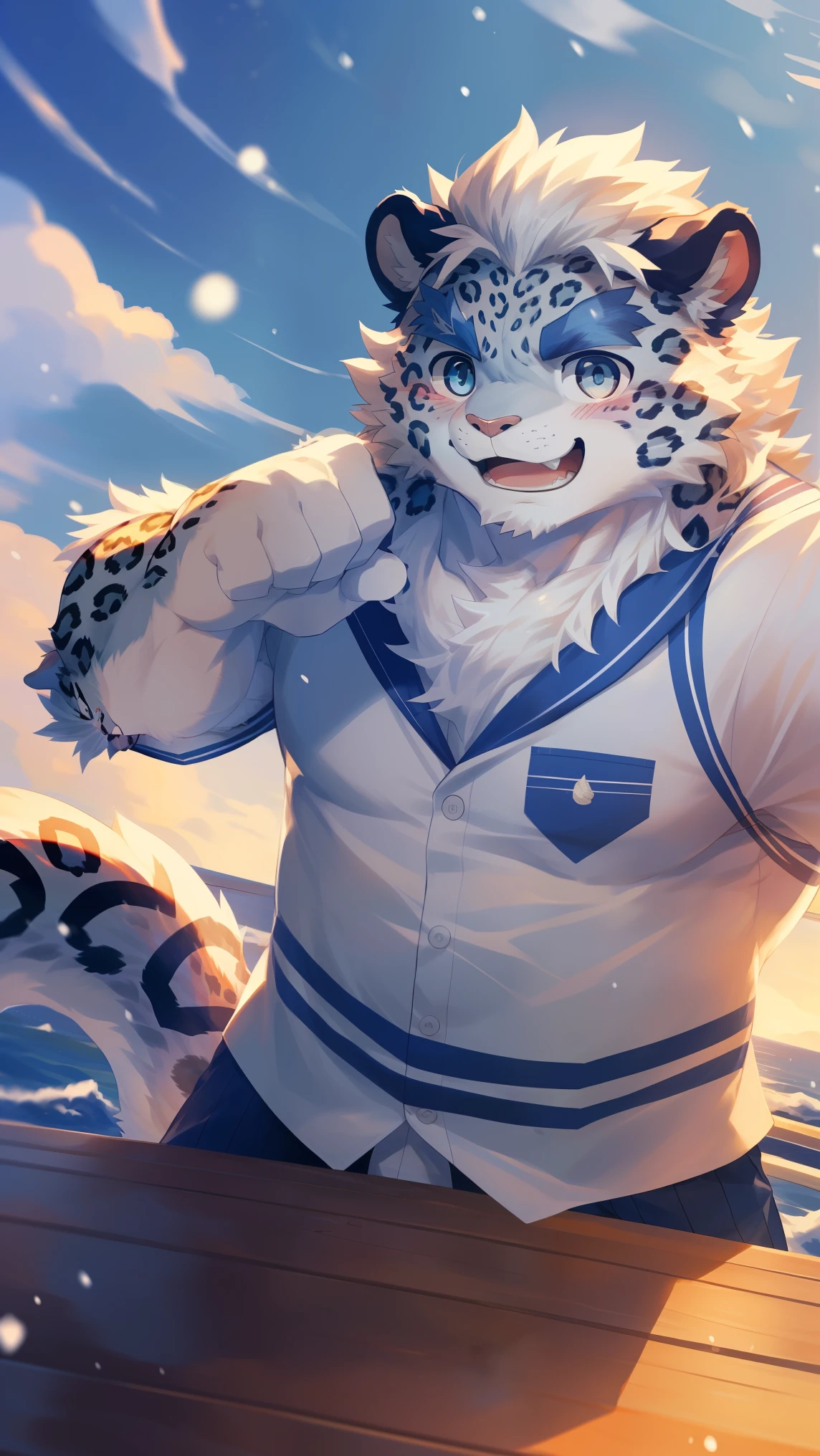 (Vision:1.5), solitary, anthropology, hairy, hairy male, snow leopard, ((Fluffy fur, Fluffy, hairy body)), (snow leopard print), (Thick eyebrows), youth, muscular, White and big skin, White fur, Blue-gray pupils, Detailed teeth, defaced face, fundos, sailor, Sea-striped shirt, 白色sailor帽, On deck, Sailing, sideways, Happy expression, blush, (Dynamic poses:1.5), Clear facial features, Strong, majestic, Solo, panoramic, Fog atmosphere, early morning, Tyndall light effect, On deck, early morning的阳光, (By Empty Ghost, From snow leopard20, masterpiece, high quality, high resolution,8k)