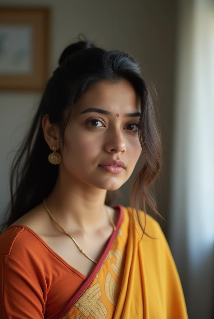 A 30-year-old Indian woman, is discussing her disappointing haircut with her husband. Her hairstyle features uneven, asymmetrical bangs on the left side and a ponytail.