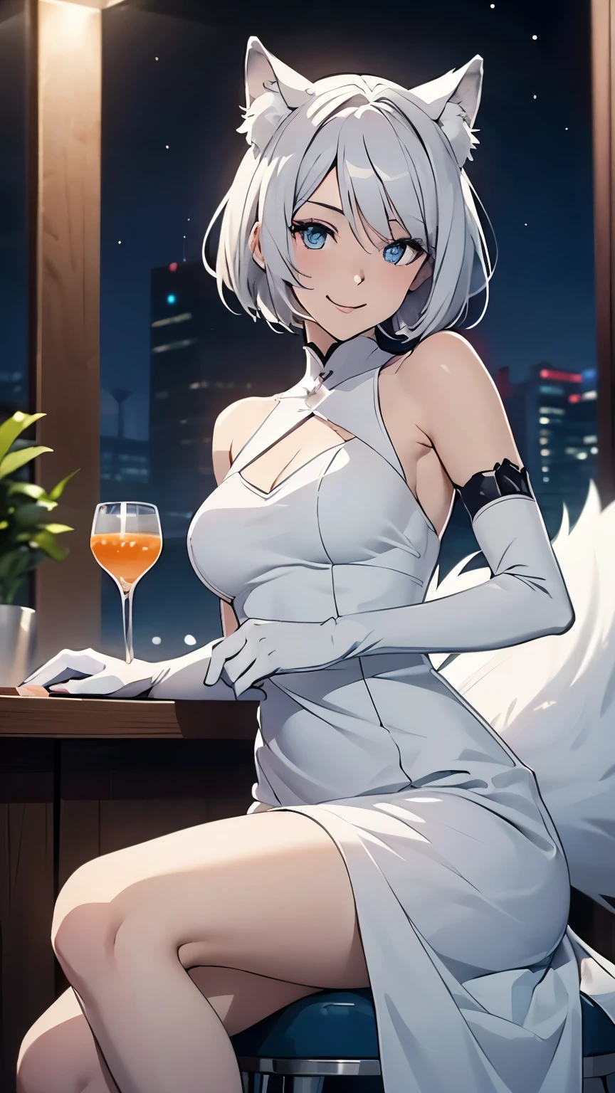 table top High level image quality best image quality 8k adult woman The whole body enters white long gloves(Elbow Gro)white long dress white wolf ears short hair((shortcut)(pure white hair)(perm)(fluffy)) eye color is blue attractive face((laughter)(smile)(open your mouth)) beautiful feet