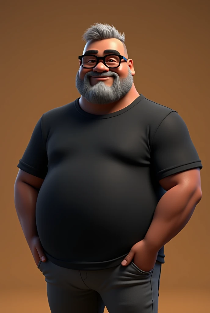Cartoon character of a middle-aged black man with very short hair, wearing black glasses. Stylized character, animation-style rendering, 3D stylized rendering, Arnold Maya render, 3D stylized render, toon Keyshot render, 3D character, 3D stylized rendering, cartoon character, character close-up, character pose, Pixar style, high quality, cinematic lighting, sharp focus, detailed texture, detailed skin, clay, bokeh, 8K. The man should have the following characteristics: A middle-aged man with a broad build and overweight, casually relaxed hands. His skin tone is dark brown with a warm undertone. He has only two prominent vertical wrinkles between his eyebrows. His beard is very short, trimmed, and sparse, with more white hairs on the chin and the rest being dark gray. His hair is gray, extremely short on top, styled to the right side, and shaved on the sides. He wears modern black glasses. His eyebrows are thick and well-defined, and his eyes are very dark brown, conveying warmth and friendliness. The man is dressed in an oversized black t-shirt and dark gray pants without a belt. Incorporate the following ancestry characteristics: 43% European (17% Iberian and 17% Western European, including Germany, France, and the Netherlands), 4% Sephardic Jewish, 3% Fennoscandian, less than 2% Balkan and Lapland and Volga-Ural, 41% from the Americas, 9% from the Middle East and Maghreb, and 7% from Africa.