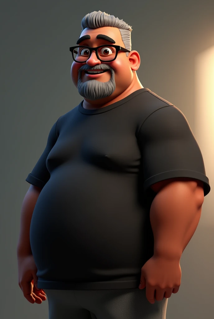 Cartoon character of a middle-aged black man with very short hair, wearing black glasses. Stylized character, animation-style rendering, 3D stylized rendering, Arnold Maya render, 3D stylized render, toon Keyshot render, 3D character, 3D stylized rendering, cartoon character, character close-up, character pose, Pixar style, high quality, cinematic lighting, sharp focus, detailed texture, detailed skin, clay, bokeh, 8K. The man should have the following characteristics: A middle-aged man with a broad build and overweight, casually relaxed hands. His skin tone is dark brown with a warm undertone. He has only two prominent vertical wrinkles between his eyebrows. His beard is very short, trimmed, and sparse, with more white hairs on the chin and the rest being dark gray. His hair is gray, extremely short on top, styled to the right side, and shaved on the sides. He wears modern black glasses. His eyebrows are thick and well-defined, and his eyes are very dark brown, conveying warmth and friendliness. The man is dressed in an oversized black t-shirt and dark gray pants without a belt. Incorporate the following ancestry characteristics: 43% European (17% Iberian and 17% Western European, including Germany, France, and the Netherlands), 4% Sephardic Jewish, 3% Fennoscandian, less than 2% Balkan and Lapland and Volga-Ural, 41% from the Americas, 9% from the Middle East and Maghreb, and 7% from Africa.
